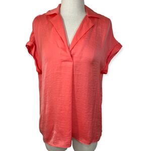 Rose & Olive coral satiny top, women's small short sleeve V-neck collared blouse